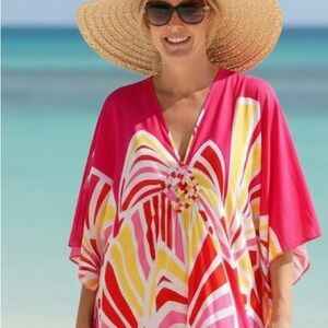 Roper Romp Multicolor Bright Pink Yellow Geometric Kaftan Maxi Dress